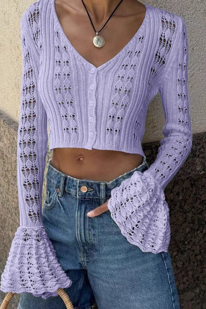 Cutout V-Neck Plain Short Knit Cardigan
