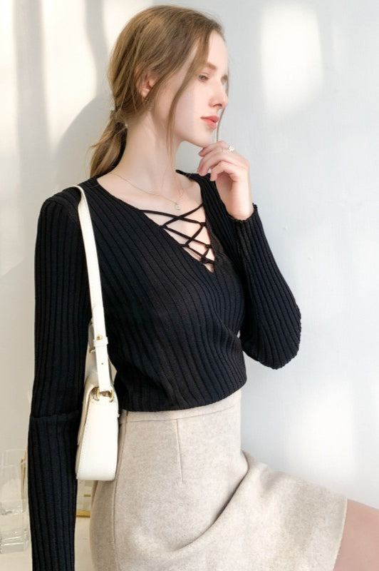 Slim Lace Up V Neck Sweater
