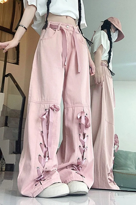 Pink Bow Tie Wide Leg Cargo Jean