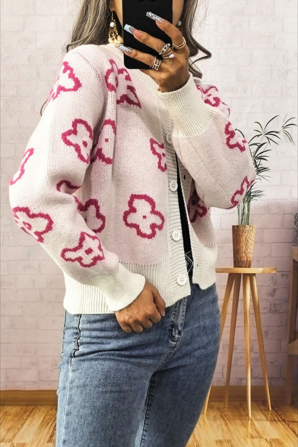 Floral Jacquard Short Button Knit Cardigan