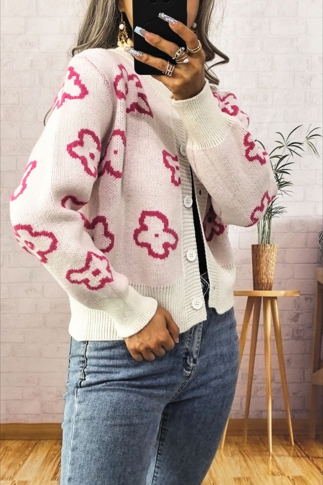 Floral Jacquard Short Button Knit Cardigan