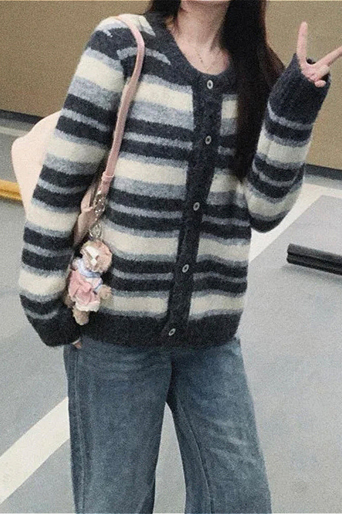 Retro Stripe Colorblock Slim Crew-Neck Cardigan