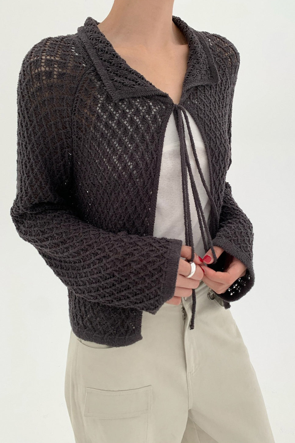 Hollow Collar Tie-Waist Short Knit Cardigan