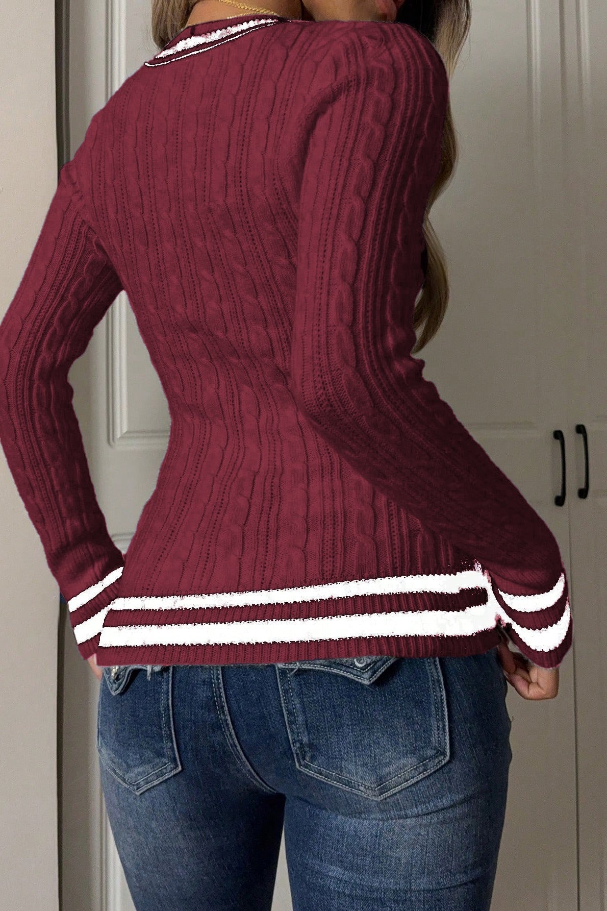 V Neck Long Sleeve Knitwear Sweater