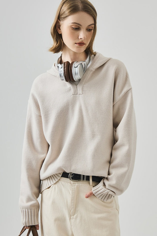 Slouchy V Neck Hooded Sweater
