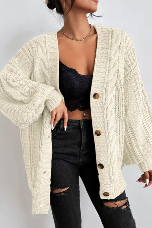 V-Neck Retro Cable Knit Puff Sleeve Cardigan