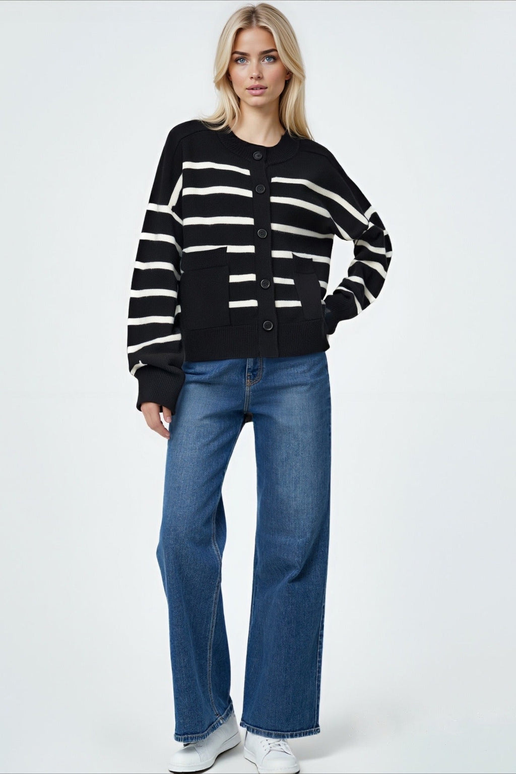 Crew-Neck Striped Pocket Knit Cardigan