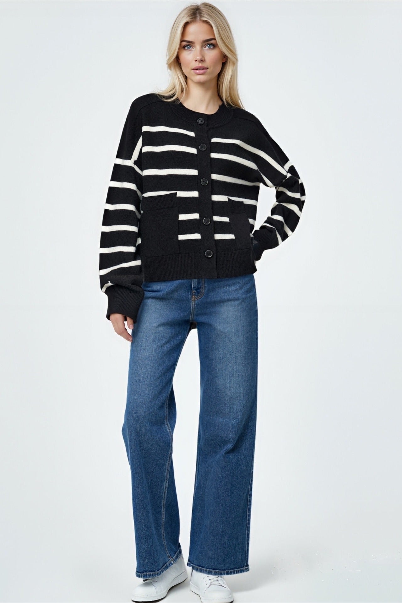 Crew-Neck Striped Pocket Knit Cardigan