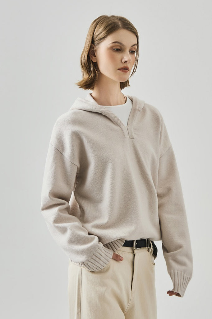 Slouchy V Neck Hooded Sweater