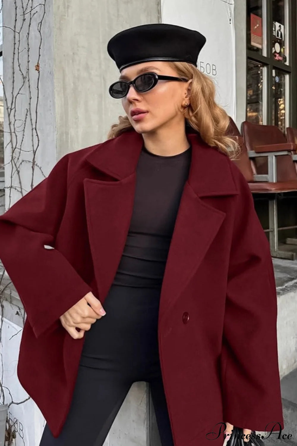 Brown Tie-Waist Wool Blend Loose Mid Coat