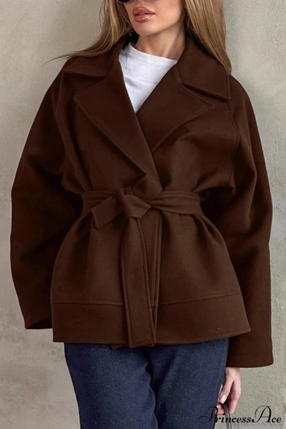 Brown Tie-Waist Wool Blend Loose Mid Coat