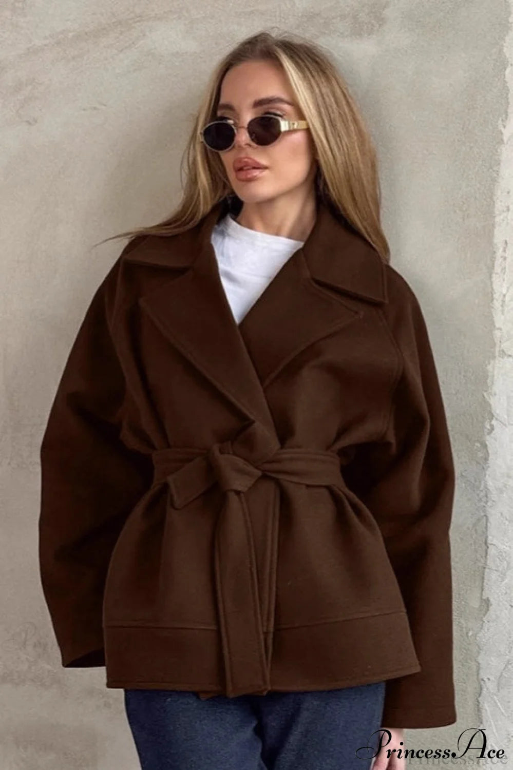 Brown Tie-Waist Wool Blend Loose Mid Coat