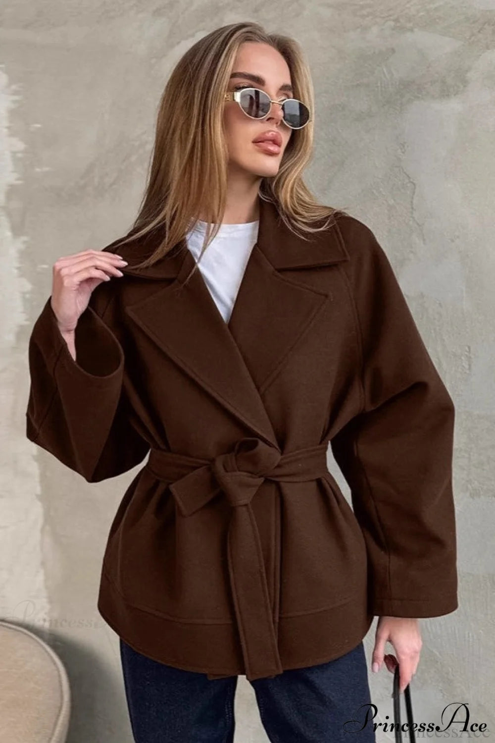 Brown Tie-Waist Wool Blend Loose Mid Coat