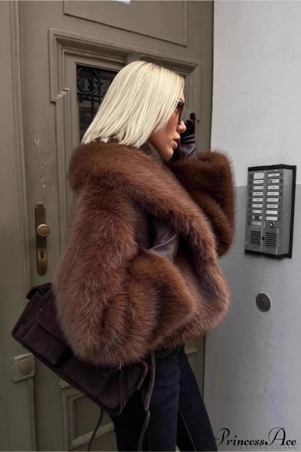 Brown Retro Faux Fox Fur Mini Coat