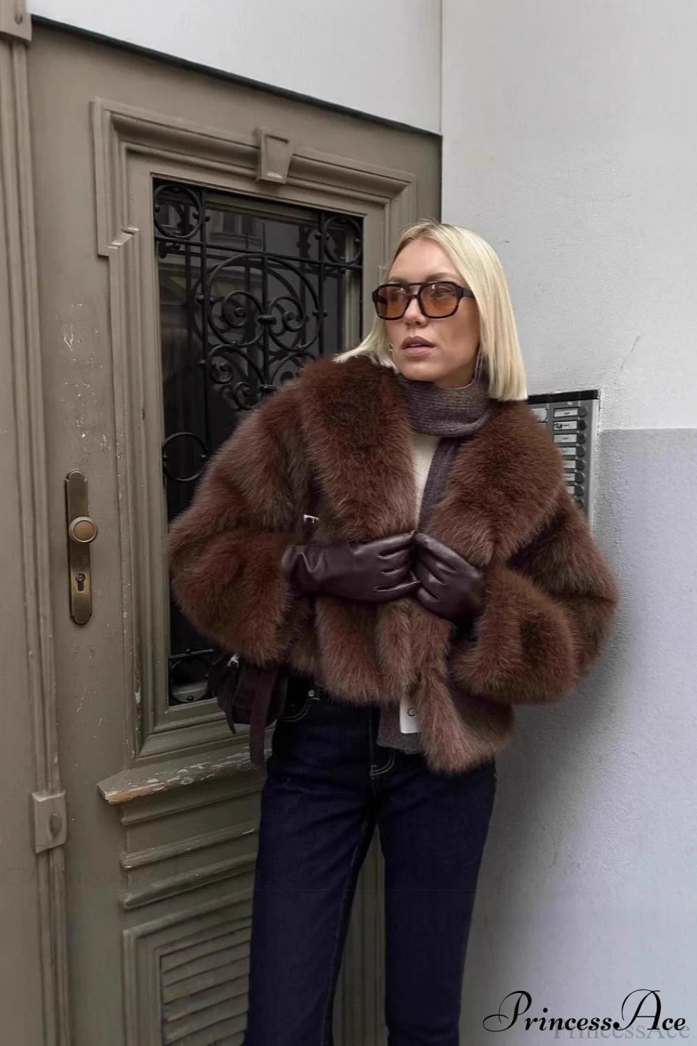 Brown Retro Faux Fox Fur Mini Coat