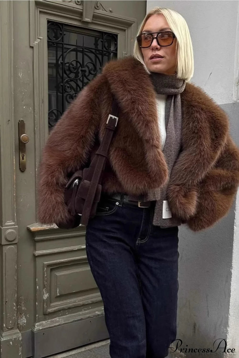 Brown Retro Faux Fox Fur Mini Coat