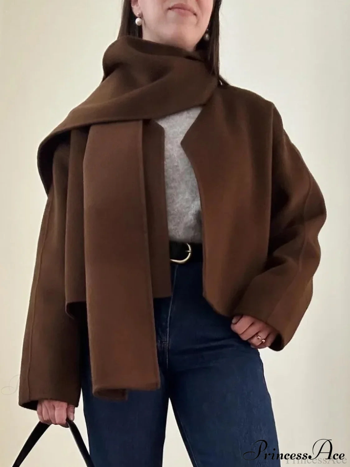 Brown Wool Round Neck Scarf Coat