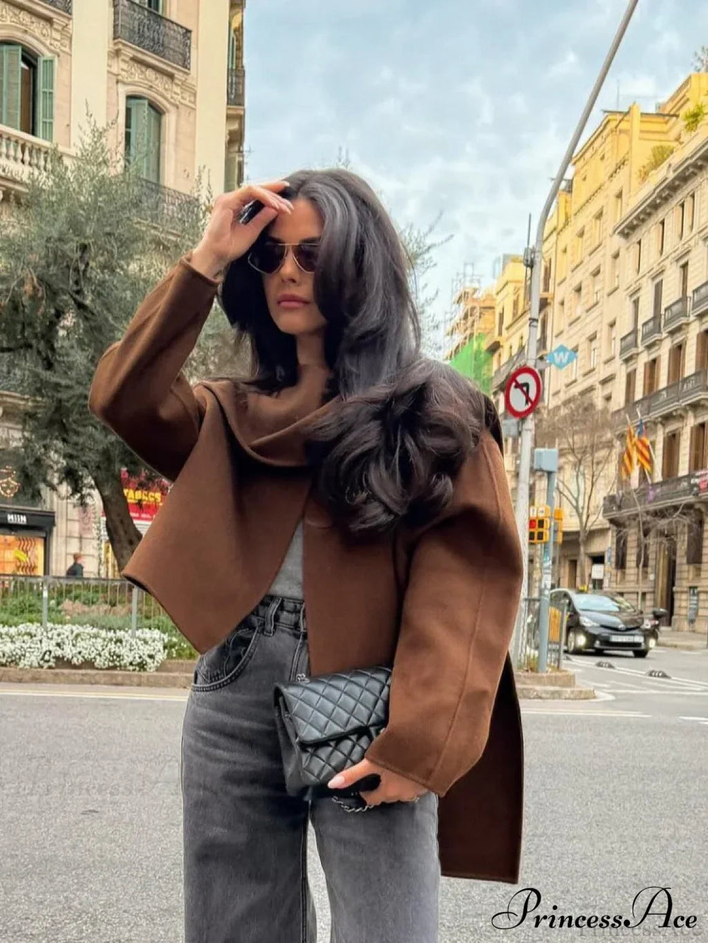 Brown Wool Round Neck Scarf Coat