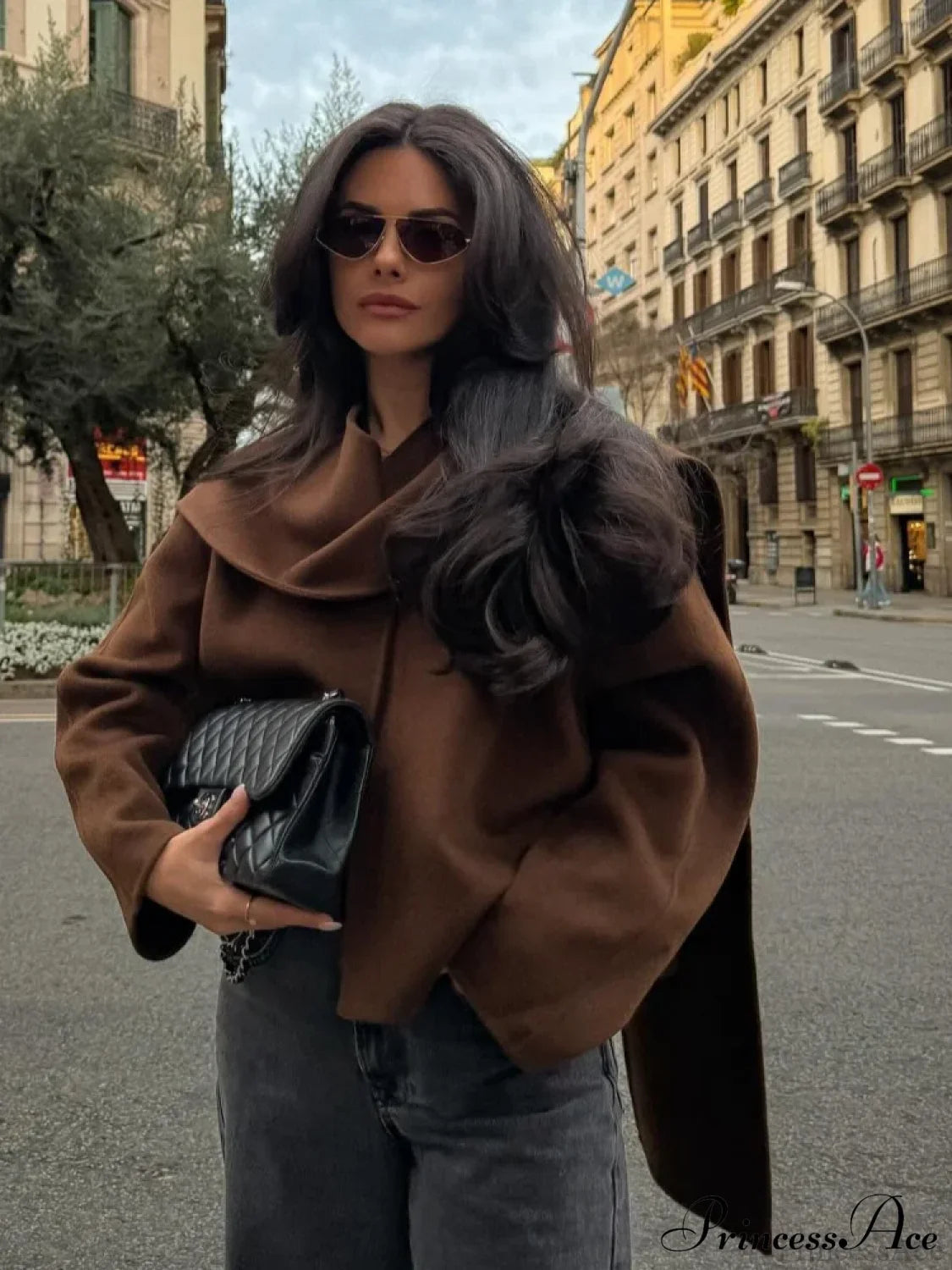 Brown Wool Round Neck Scarf Coat