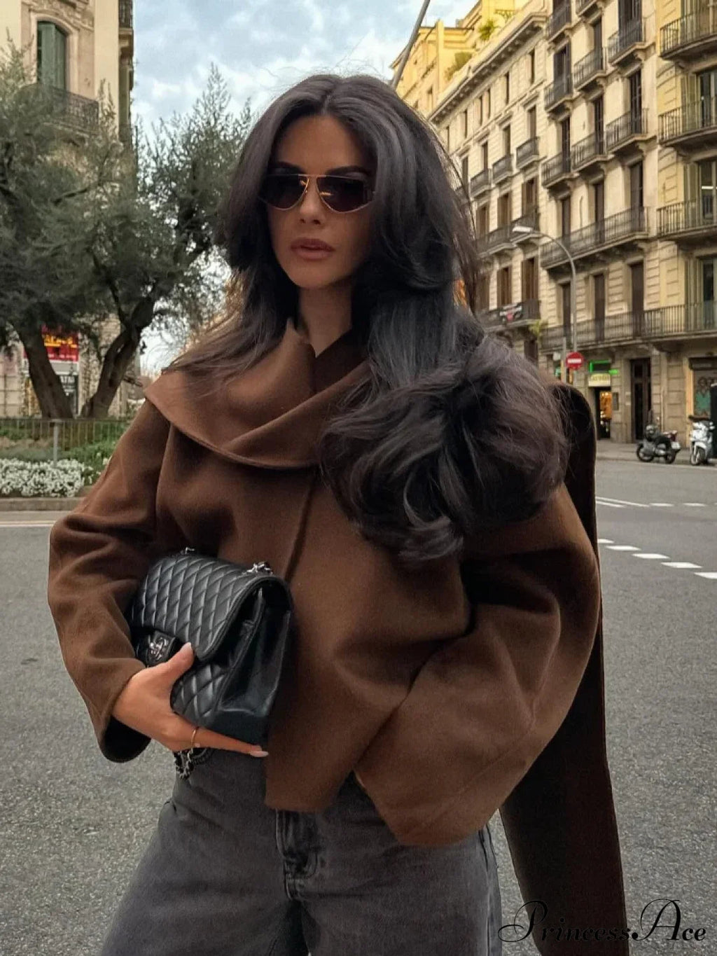 Brown Wool Round Neck Scarf Coat