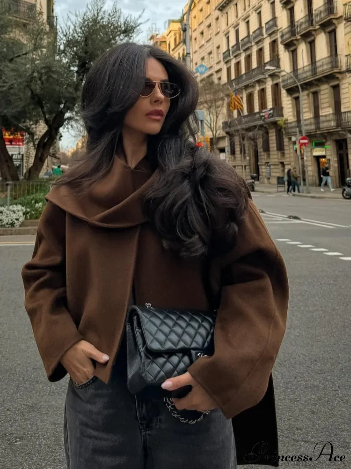 Brown Wool Round Neck Scarf Coat