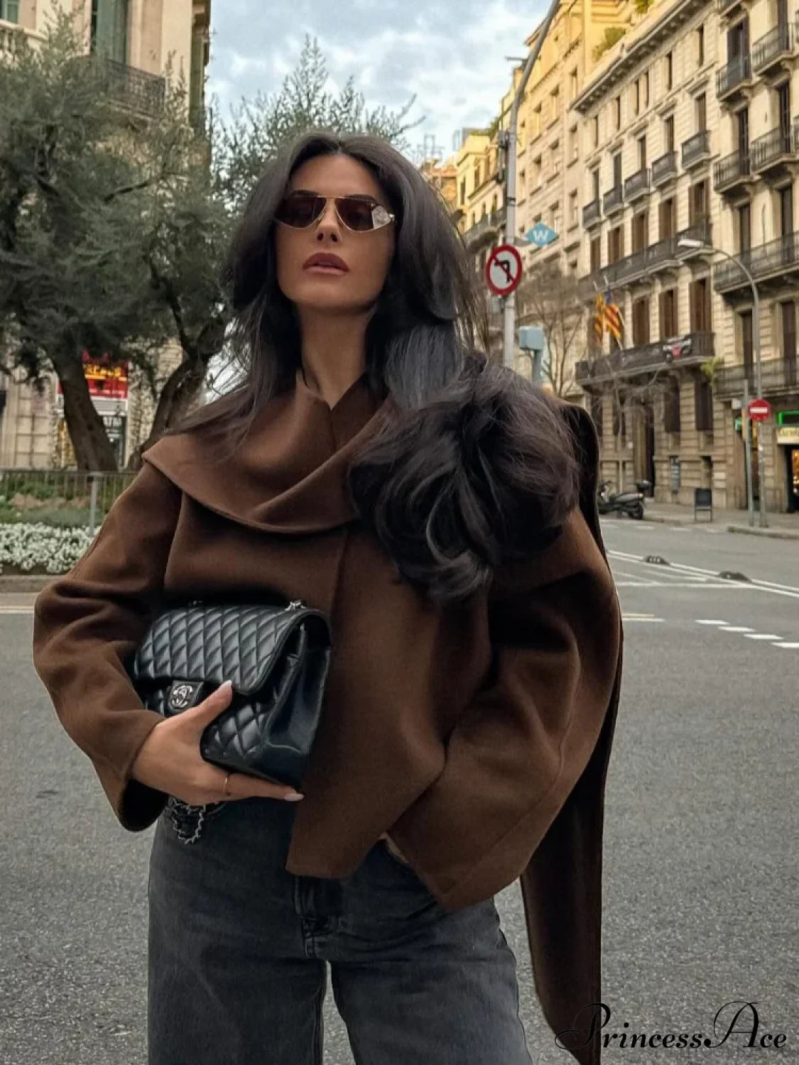 Brown Wool Round Neck Scarf Coat