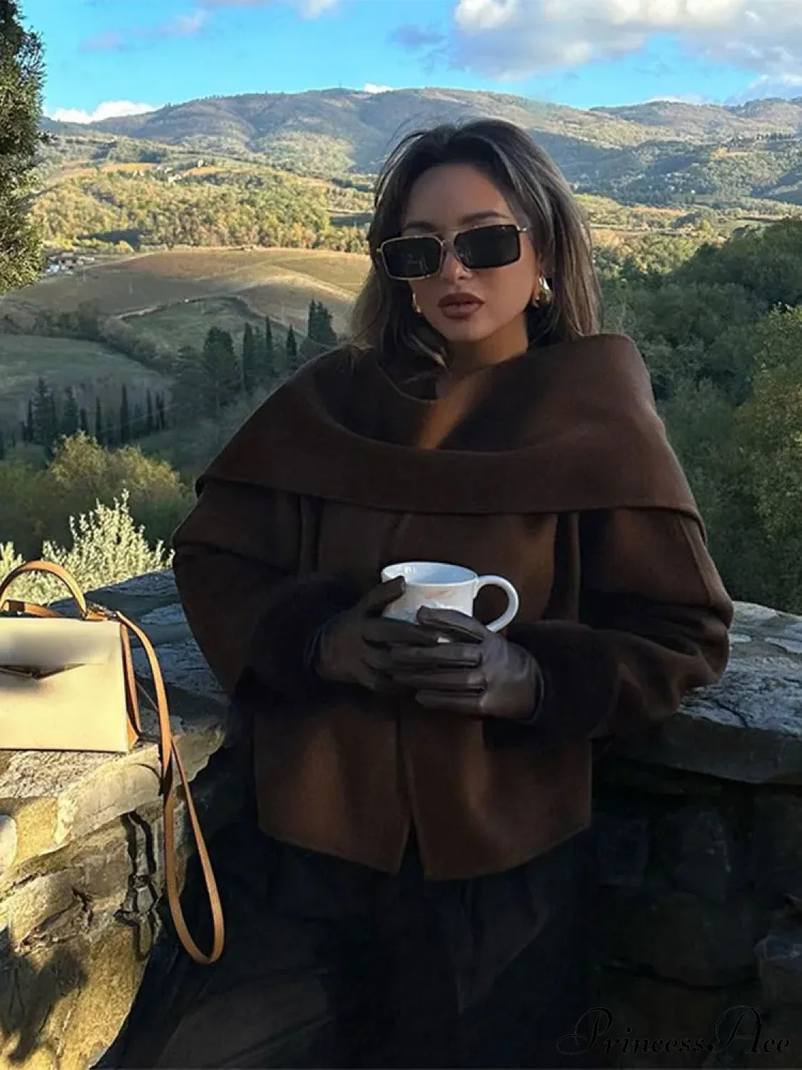 Brown Wool Round Neck Scarf Coat
