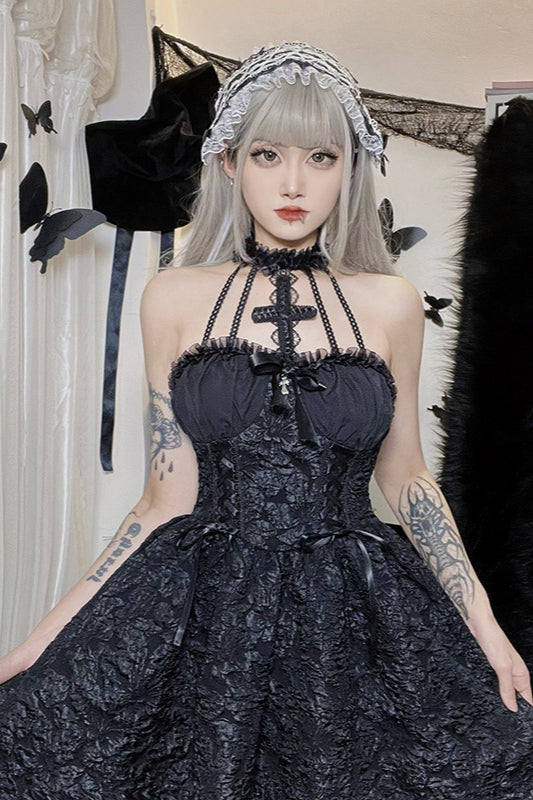 Plain Halter Puff Gothic Dress
