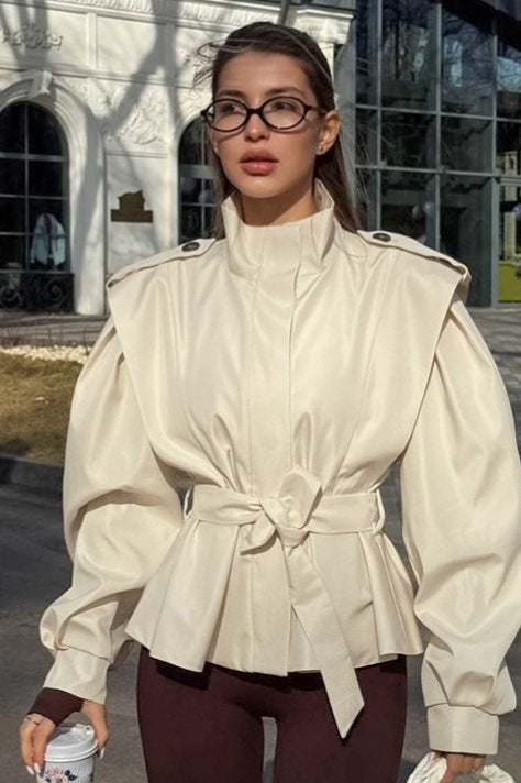Tie-Waist Collared Long Sleeve Loose Trench Coat