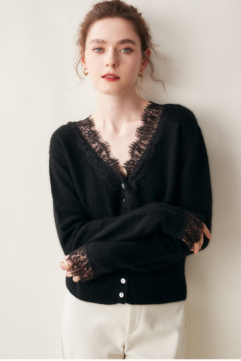 Cashmere Lace-Edge V-Neck Knit Cardigan