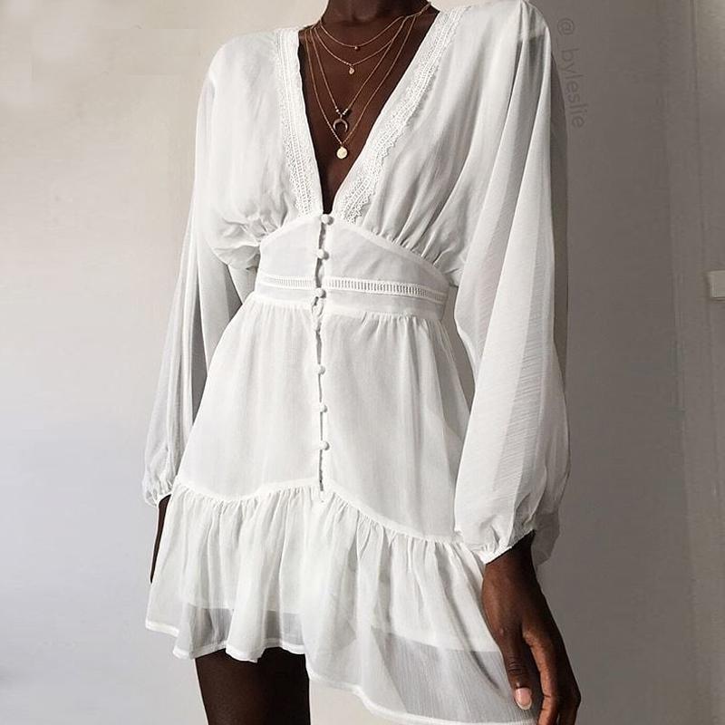 Lace Long Sleeve V Neck Spring Party Mini Dress
