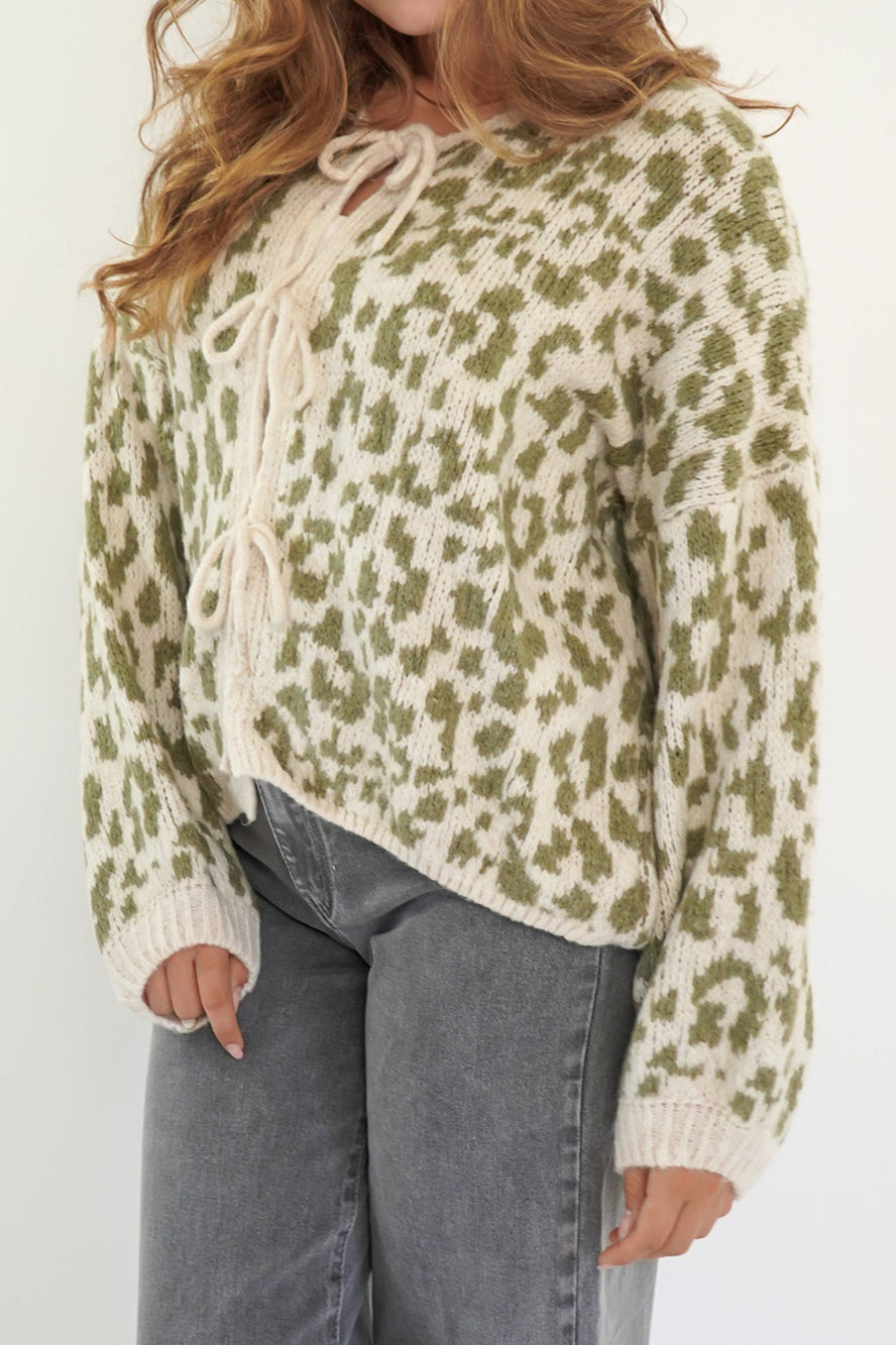 Animal Print Front-Tie Knit Cardigan
