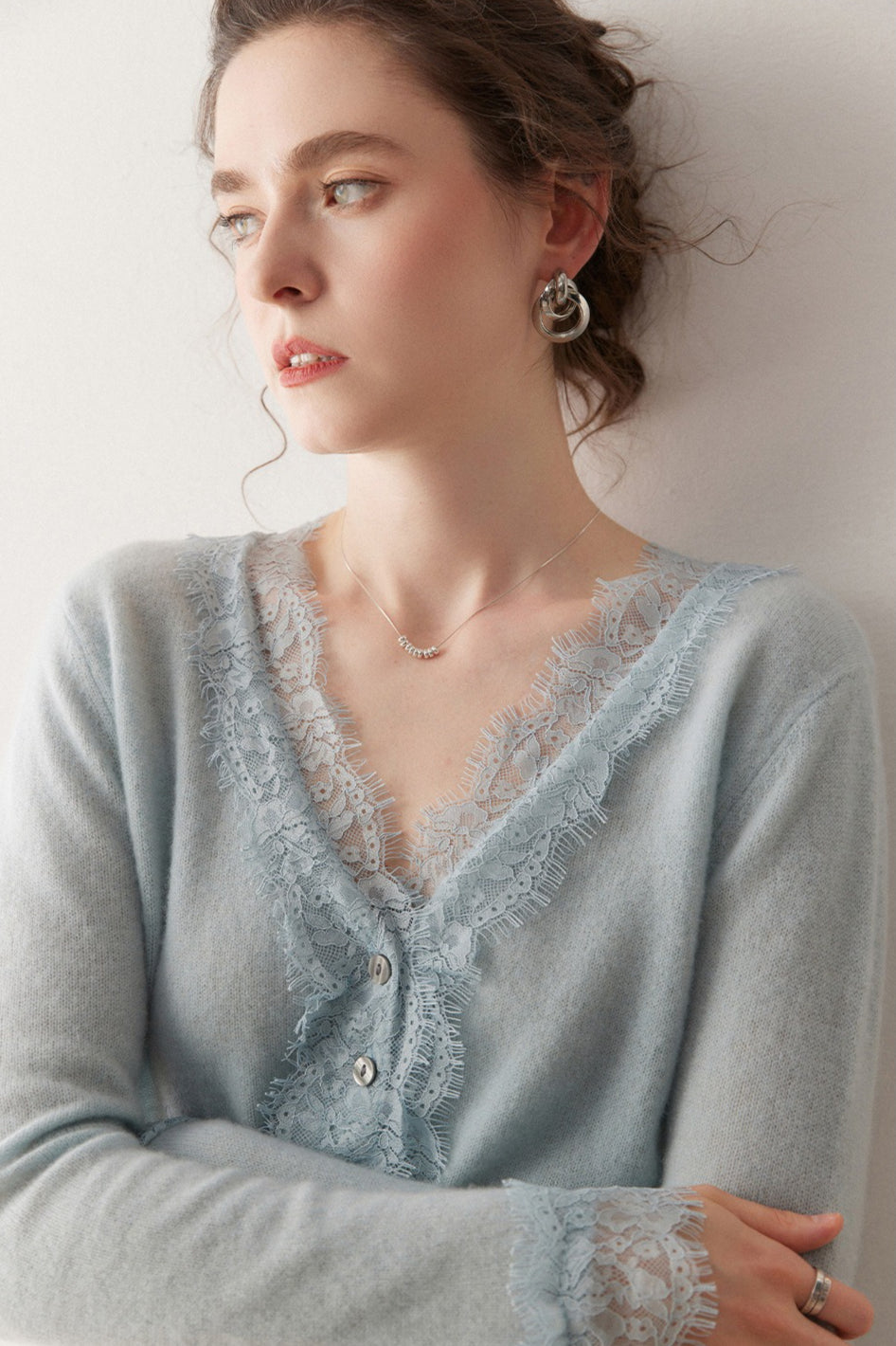 Cashmere Lace-Edge V-Neck Knit Cardigan