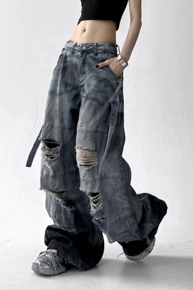 Washed Ripped Wide Leg Jean