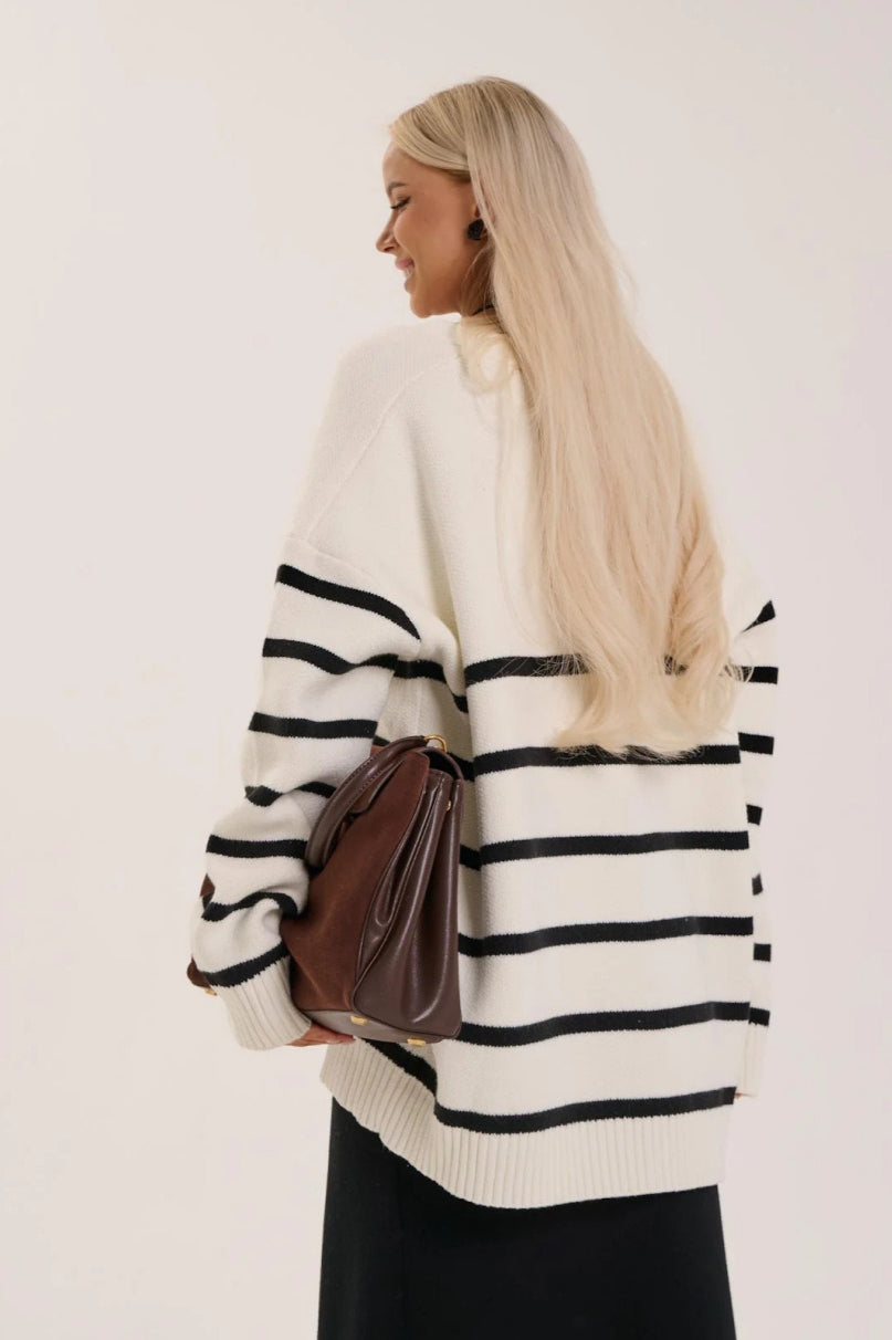 Striped V-Neck Relaxed Knit Cardigan