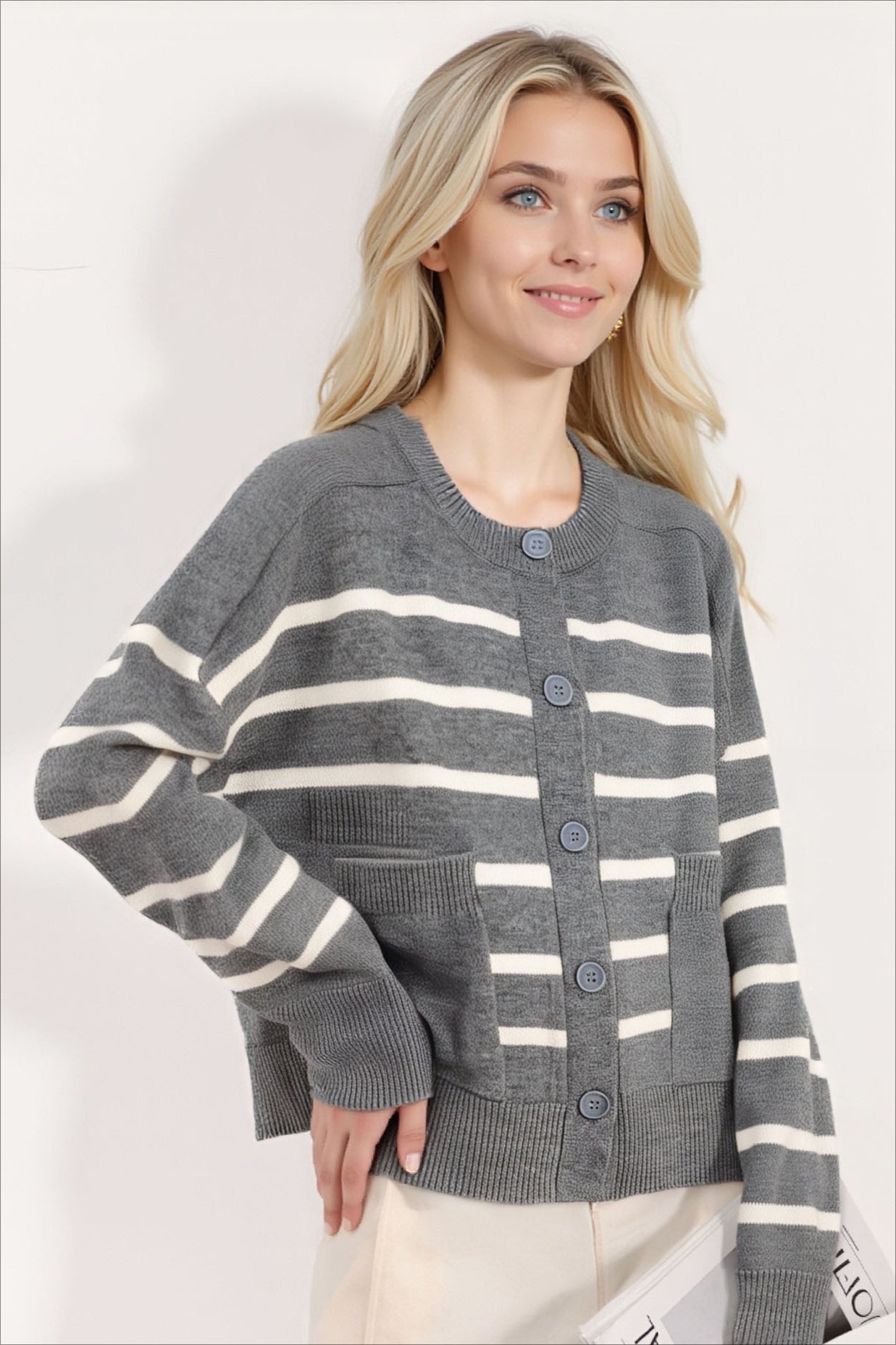 Crew-Neck Striped Pocket Knit Cardigan