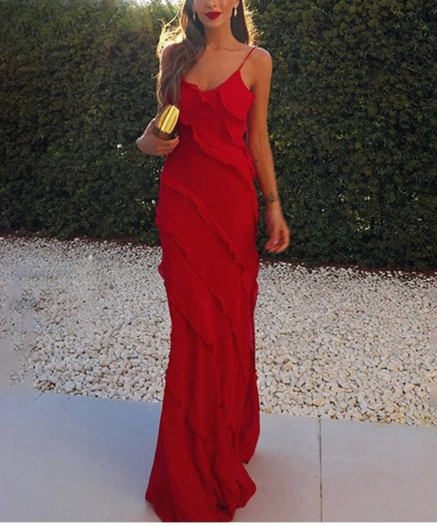 Ruffles Chiffon Backless Split Red Maxi Dress