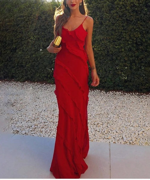 Chiffon Ruffle Backless Split Maxi Party Dress