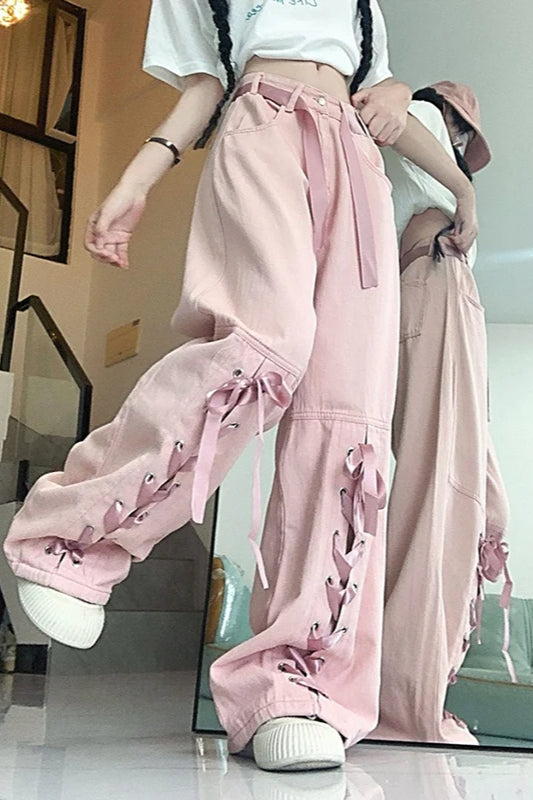 Pink Bow Tie Wide Leg Cargo Jean
