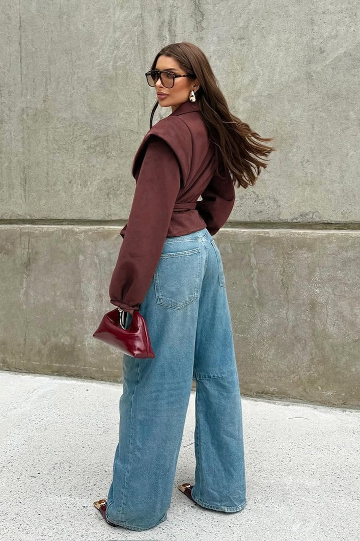 Retro Wine Red Suede Tie-Waist V-Neck Coat