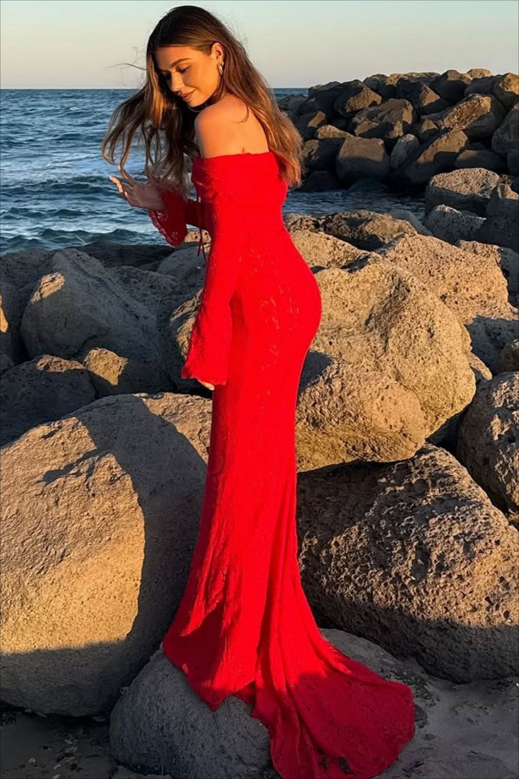 Bustier Lace Flared Sleeve Maxi Dress