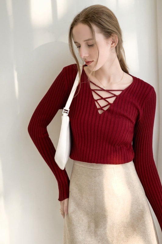 Slim Lace Up V Neck Sweater