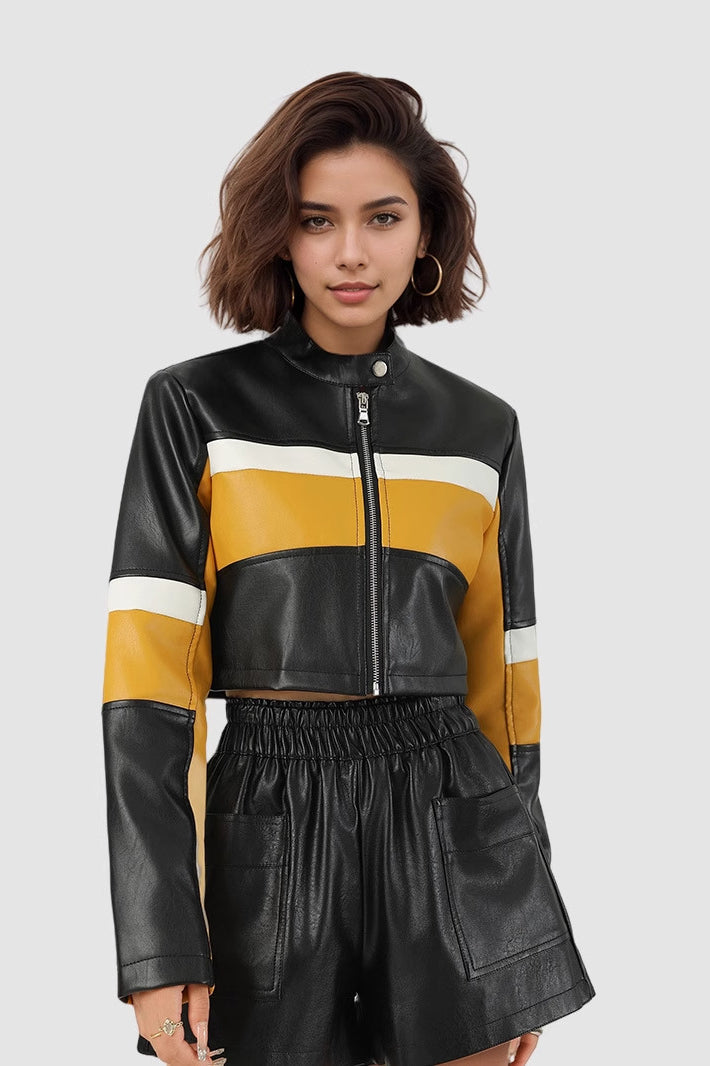 Color-Block PU Leather Biker Coat