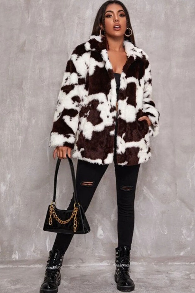 Black & White Faux Fur Cow Print Coat