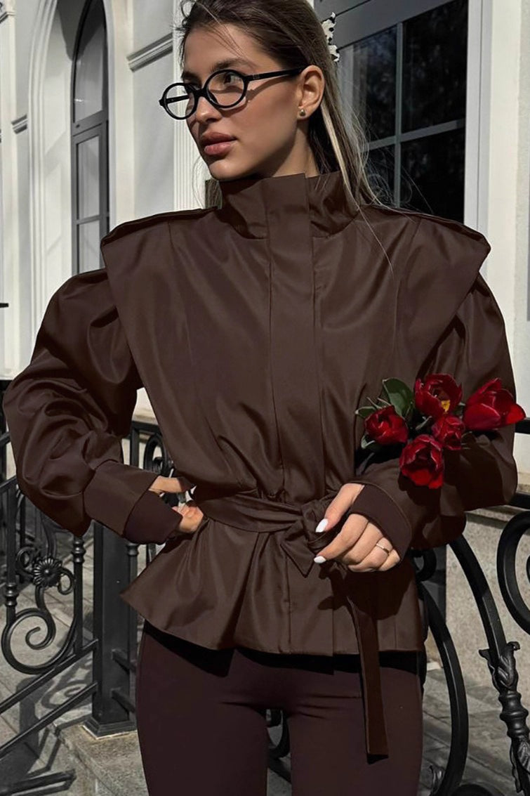 Tie-Waist Collared Long Sleeve Loose Trench Coat