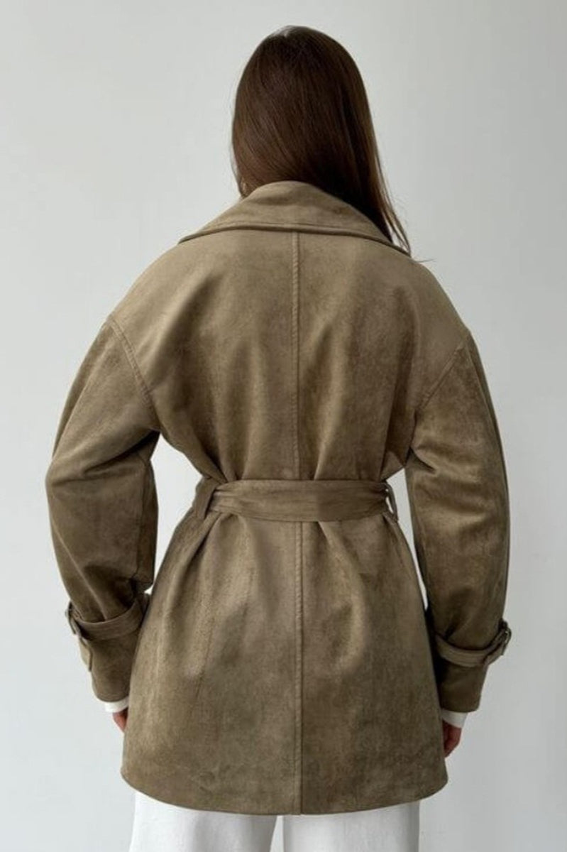 Retro Suede Lapel Tie Waist Jacket Coat