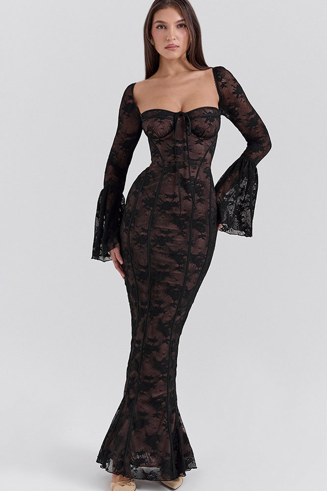 Lace Bodycon Flare Sleeve Maxi Dress