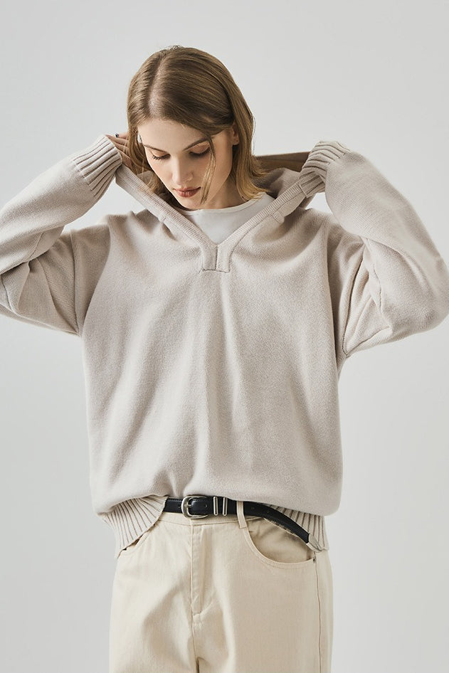 Slouchy V Neck Hooded Sweater