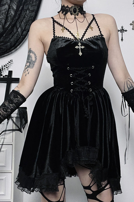 Velvet Tie Waist Gothic Dress