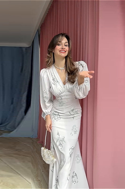 V Neck Printed Waist Belted Long Sleeve Floral Dress